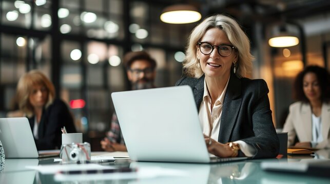 Mature CEO businesswoman using laptop in ofice