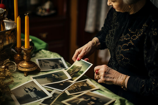 Elderly woman's hand looking at black and white photo. An elderly woman looks at old photos in the interior of her house.