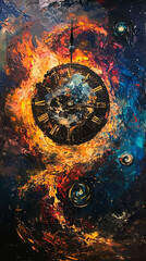 Burning clock with galaxy and stars background.