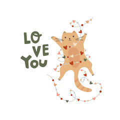 Romantic cat for Valentines day card with garland from hearts. Text love you Vector funny kitty illustration