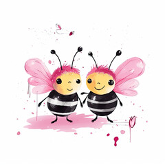 Obraz premium Cute couple of honey bees cartoon isolated on white background with hint of pink, valentines day love, 