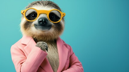 sloth wearing pink suite on yellow background