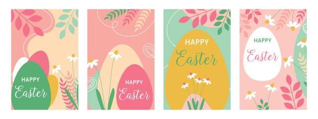 Set of Happy Easter cards with flowers and Easter eggs. Happy easter.