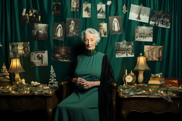 An elderly woman on the background of a wall with old photos. Portrait of a beautiful senior woman in a long green dress.  - obrazy, fototapety, plakaty