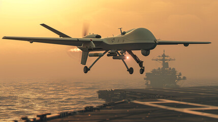 Fototapeta premium A drone with a mounted missile flies over an aircraft carrier. Modern military equipment, kamikaze drone. War.