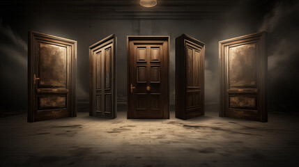 Mysterious doors. has to choose between three open doors. five wooden doors in different positions. Mysterious doors. Doors to another world. - obrazy, fototapety, plakaty