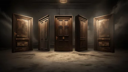 Deurstickers Mysterious doors. has to choose between three open doors. five wooden doors in different positions. Mysterious doors. Doors to another world. © Olena