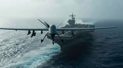 A drone with a mounted missile flies over an aircraft carrier. Modern military equipment, kamikaze drone. War.