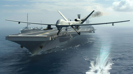 A drone with a mounted missile flies over an aircraft carrier. Modern military equipment, kamikaze drone. War.