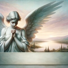 Ethereal Dawn: Prayerful Angel and Pastel Landscape with Copyspace
