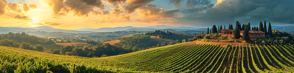 Panoramic view of Tuscan vineyards at sunset. Rolling hills, farmhouse, and grapevines. Wine tourism and rural landscape concept for poster and banner 