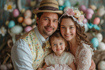Obraz premium Family with child celebrating Easter. Studio portrait with Easter eggs and pastel decorations. Spring holiday and family joy concept for greeting card 