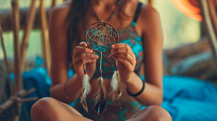 A woman makes a dream catcher. Selective focus.