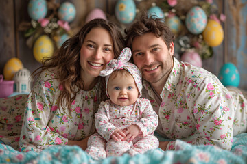 Fototapeta premium Happy family in matching outfits with Easter eggs. Cozy home celebration scene. Easter festivities and family togetherness concept for invitation and postcard 