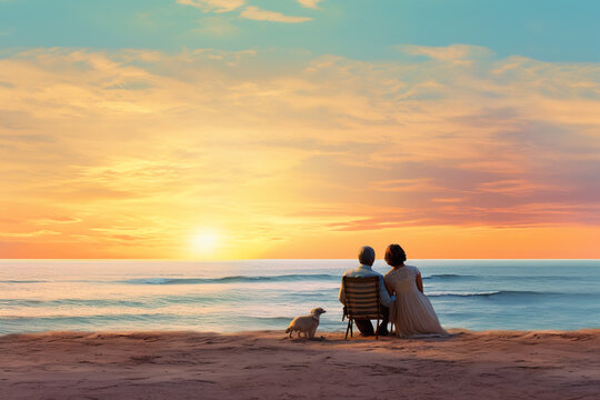 Elderly couple sitting on the beach at beautiful sunset time. Rear view of a senior couple sitting on the beach and watching the sunset.  sitting together on the beach, romance concept.