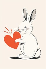 Fototapeta premium Cute fluffy bunny holding a red heart.