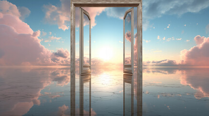 a golden and realistic open magical door in heaven. beyond the door, a beautiful, hopeful, endless blue sky