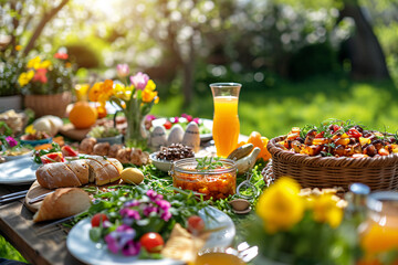 Fresh outdoor brunch setup with Easter decorations in a garden. Spring feast concept with vibrant copy space for seasonal food magazine cover.