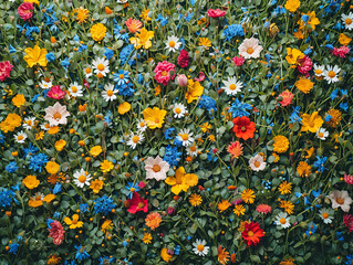 Dense floral pattern with assorted wildflowers. Botanical texture design with copy space for eco-friendly product packaging
