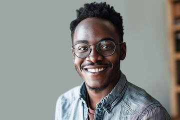 Smiling cheerful young adult african american ethnicity man looking at camera standing at home office background. Happy confident black guy posing for, Generative AI