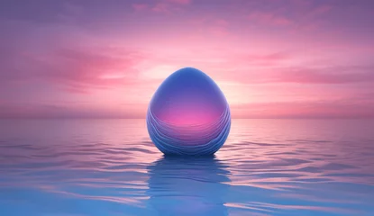 Poster Im Rahmen 3D render of a crystal ball floating in the sea at sunset. huge crystal sphere is swimming in the ocean (3d landscape rendering banner) © Nadezhda