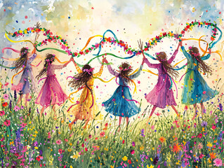 Watercolor painting of girls dancing with flowers in field. Springtime joy and dance celebration concept for art print
