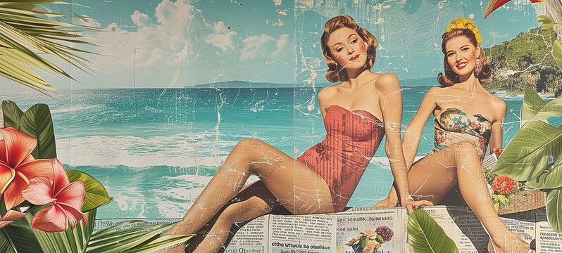 Vintage summer collage featuring pin-up women in retro swimsuits among tropical foliage on a serene beach backdrop, exuding a classic and leisurely vacation vibe.