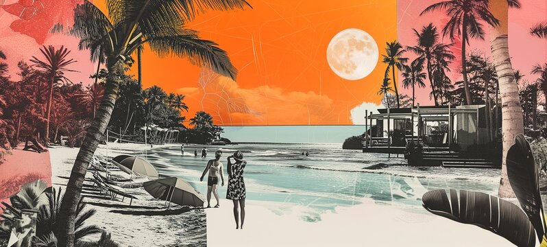 Vintage-style collage of a tropical beach scene with beachgoers and palm trees against an orange and blue sky with a full moon, exuding mid-century travel nostalgia.