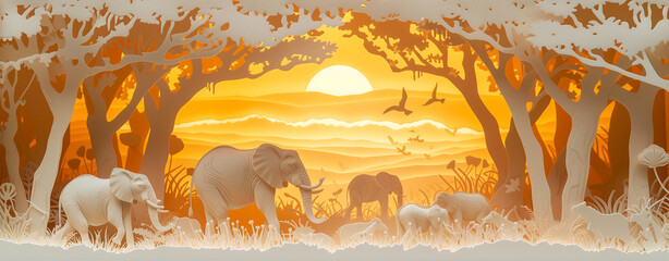 paper cut craft style World elephant Day.  african savannah landscape with elephants