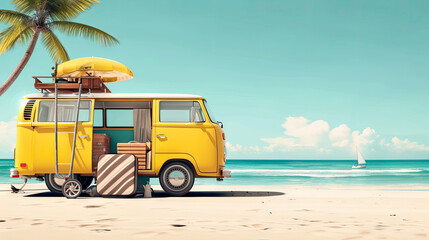Summer travel , Yellow car van with luggage for summer holidays , Beach sea view , Vacation