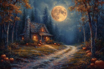 A house in a dark autumn forest on Halloween night. Illustration - obrazy, fototapety, plakaty