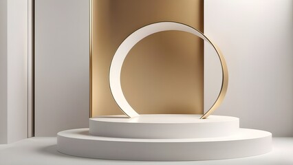 3d rendering of abstract minimal geometric forms with white podium and glossy gold luxury element. Illustration with copy space for mock up, display, showcase, backdrop, product placement