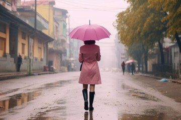 Rainy day in the city. A girl in a pink raincoat with an umbrella walks in the rain. Back view of young woman in pink coat with umbrella walking on rainy street