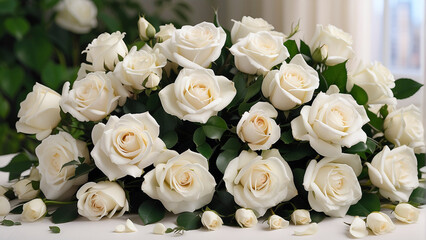 A stunning bouquet of delicate white roses arranged in a bed of lush greenery