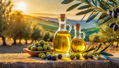 Olive Grove Radiance: Golden Bottles, Leaves, and Fruits in the Morning Light"