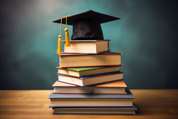 Graduation cap on stack of books on wooden table with blackboard background. Graduation cap above...