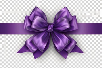 Realistic, shiny purple bow and ribbon on transparent background - obrazy, fototapety, plakaty