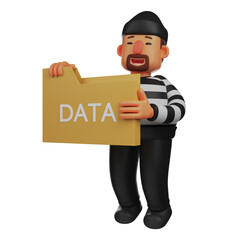   3D illustration. 3D Thief Cartoon Design stealing personal data. wearing a face mask. showing a funny expression. 3D Cartoon Character