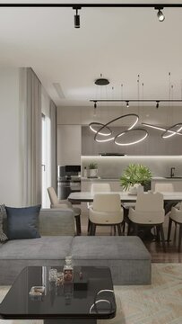 3D-rendering. The camera flies over a modern studio apartment. Vertical format for a phone.