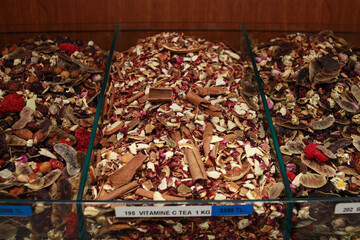 Assorted tea and spices specialties in Istanbul Turkey, Grand Bazaar