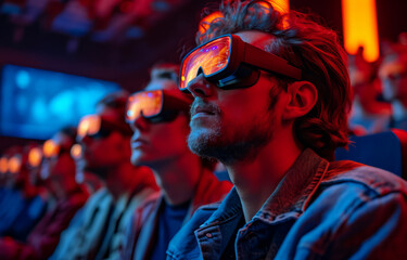 Young man sitting in row of people in virtual reality glasses watching movie in the cinema. A theater with people sitting and wearing 3d glasses