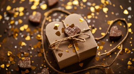 Heart Box Amidst Golden Confetti - A heart-shaped gift box tied with rustic string amongst golden confetti.