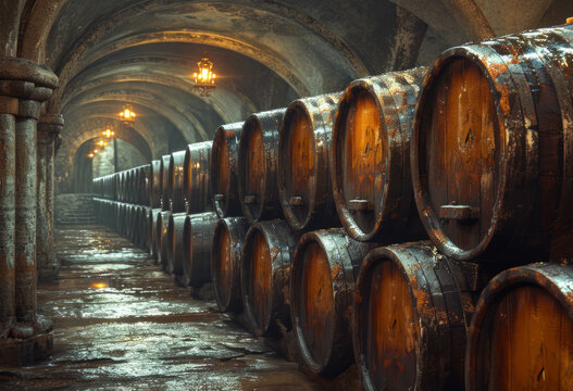 Wine barrels stacked in the old cellar of the winery. Generative AI