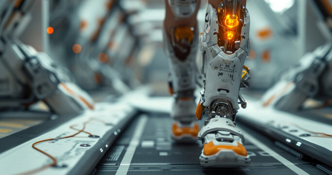 Robotic cyborg walking on conveyor belt in factory. Close-up a woman wearing a robotic leg that walks on a treadmill
