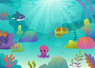 Fototapeta na wymiar Cartoon seabed with cute sea animals. Bright vector underwater seascape with plants and baby animals.