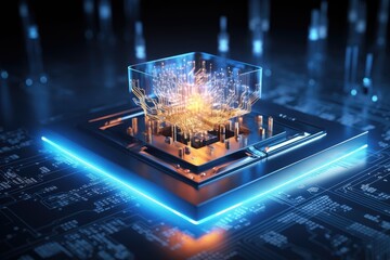 Futuristic Microchip Processor Encased in Protective Glass on a Blue Circuit Board Background
