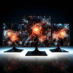 Neural network simulation on multiple computer screens isolated on white background, doodle style, png
