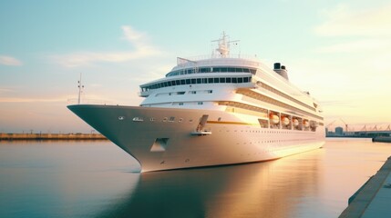 A modern, white cruise ship near the pier at sunset, side view. Travel and vacation