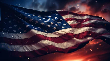 Foto auf Acrylglas American Flag waving in the wind on dark cloudy sky background 3D rendering. Generative AI © k_e_n