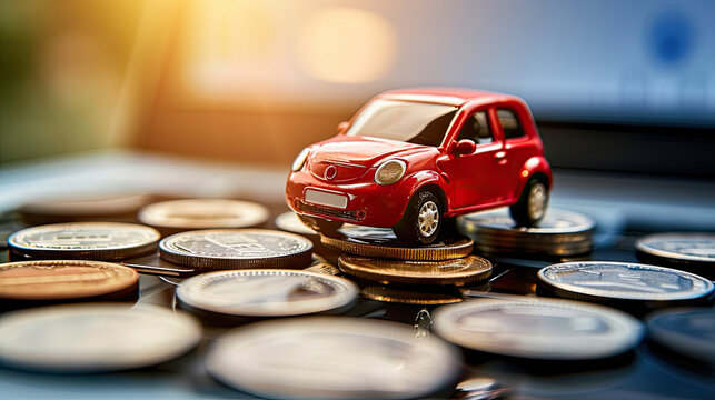 , Red car with coins, auto tax and financing, car insurance and car loans, concept of savings money on car purchase